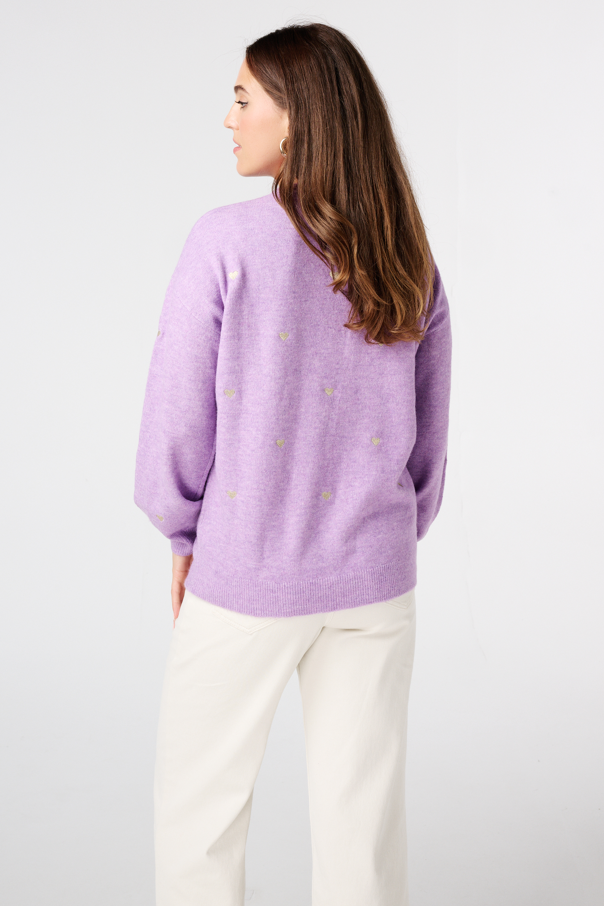 Fijn gebreide trui met geborduurde hartjes Multi lilac