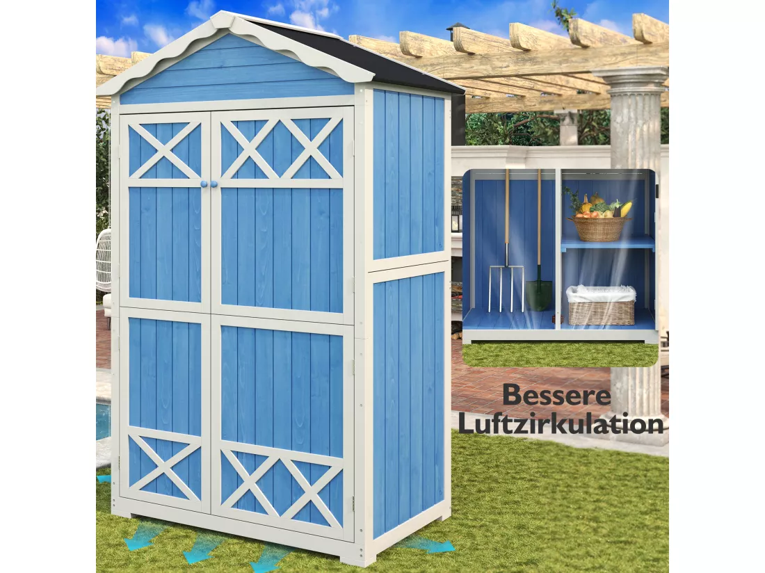 Abri de jardin en bois massif avec toit pente résistant aux intempéries - 2 portes 3 étagères - 93 x 45 x 179 cm - Bleu