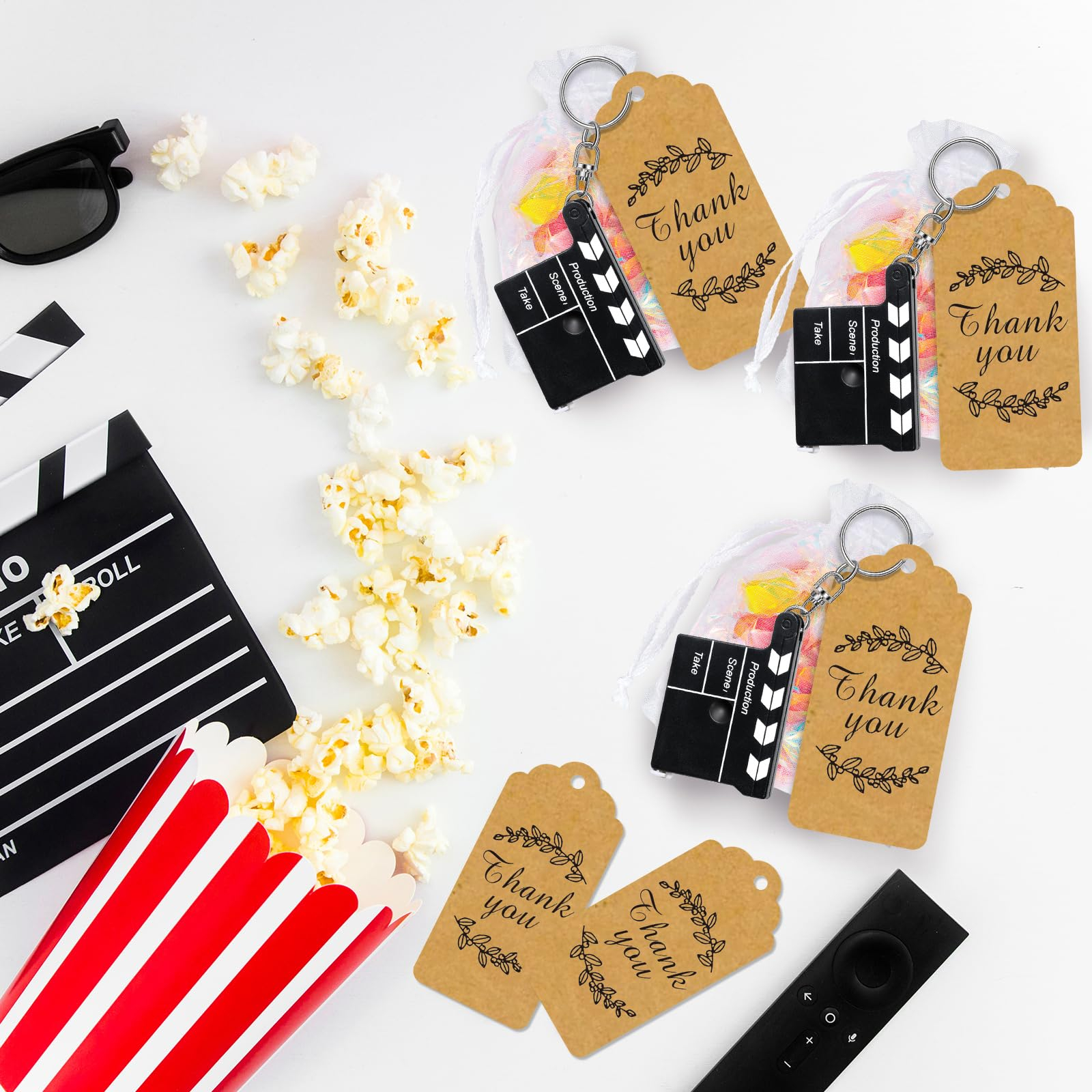 (36-tlg. Set) Gast Geschenk Motto Party Papier Anhänger / Filmklappe Schlüsselanhänger / Organza Beutel - Weiss / Schwarz