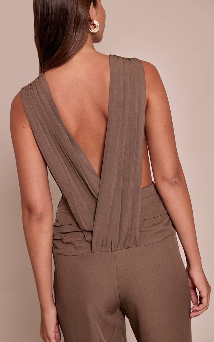 Kaki Combinaison Pantalon Large En Tissu Tissé Col Rond Avec Détails Froncés