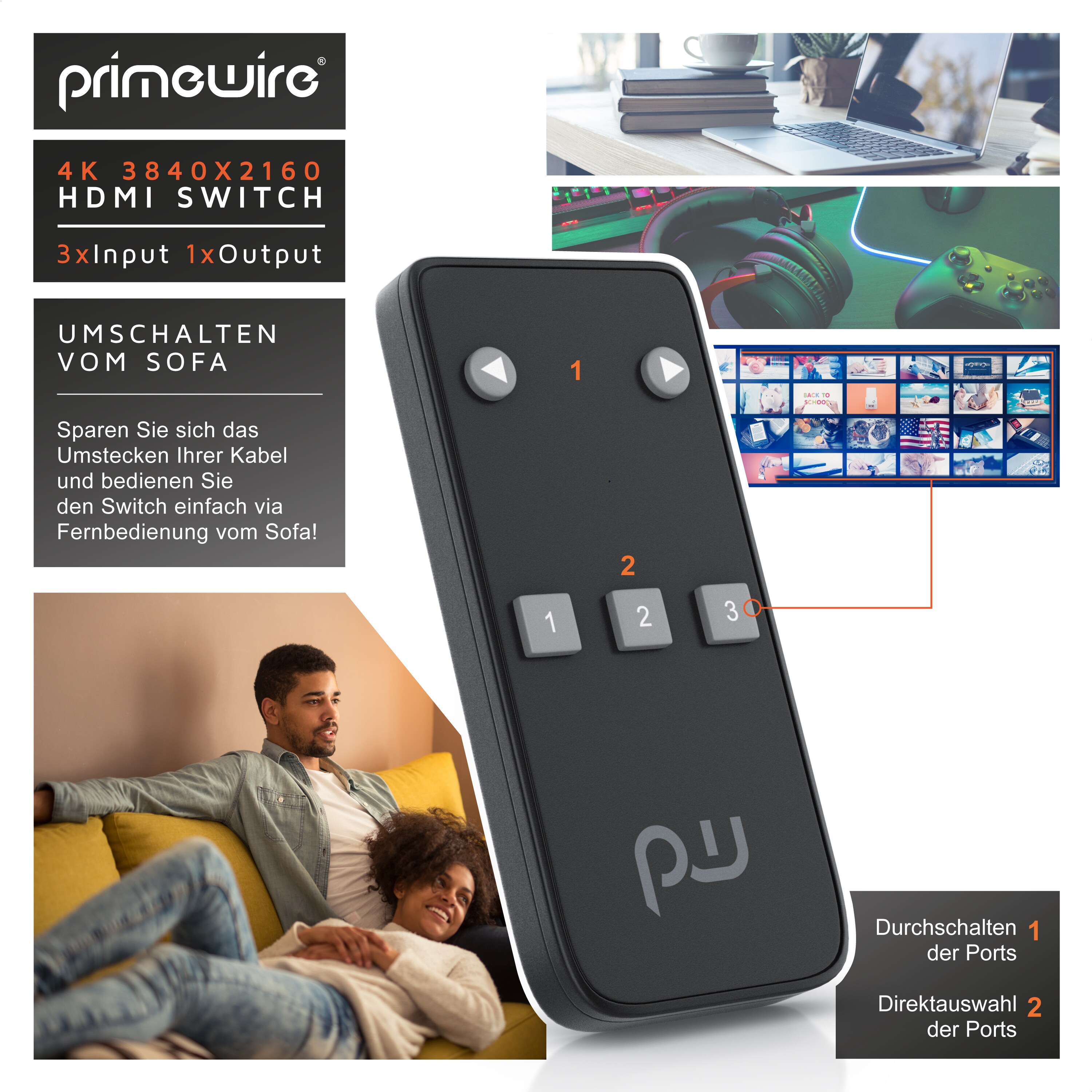 Primewire 3-Port 4k HDMI Switch mit Fernbedienung 3x HDMI Eingänge / 3D + CEC / 2160p 30Hz