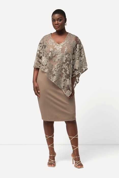 Kleid, Überwurf, Pailletten, V-Ausschnitt, 3/4-Arm