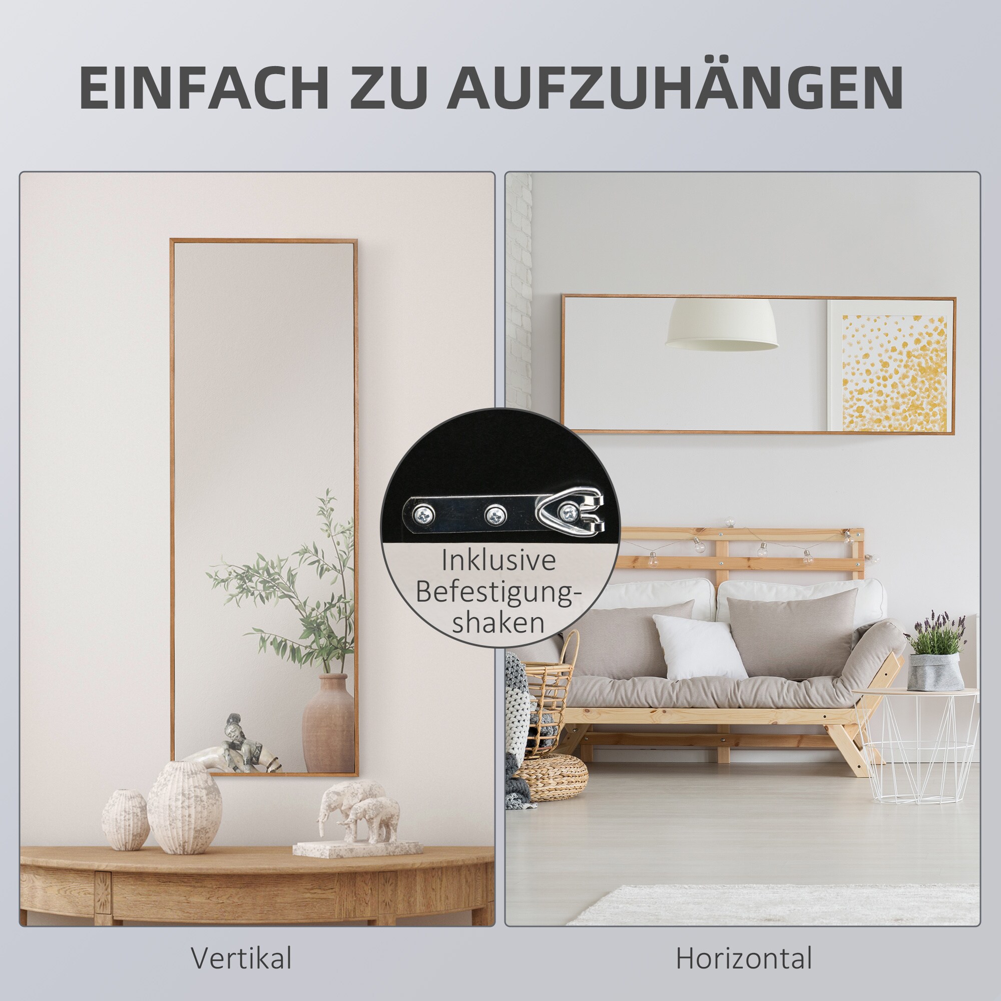HOMCOM Wandspiegel mit Holzrahmen natur 45L x 4,8B x 125H cm