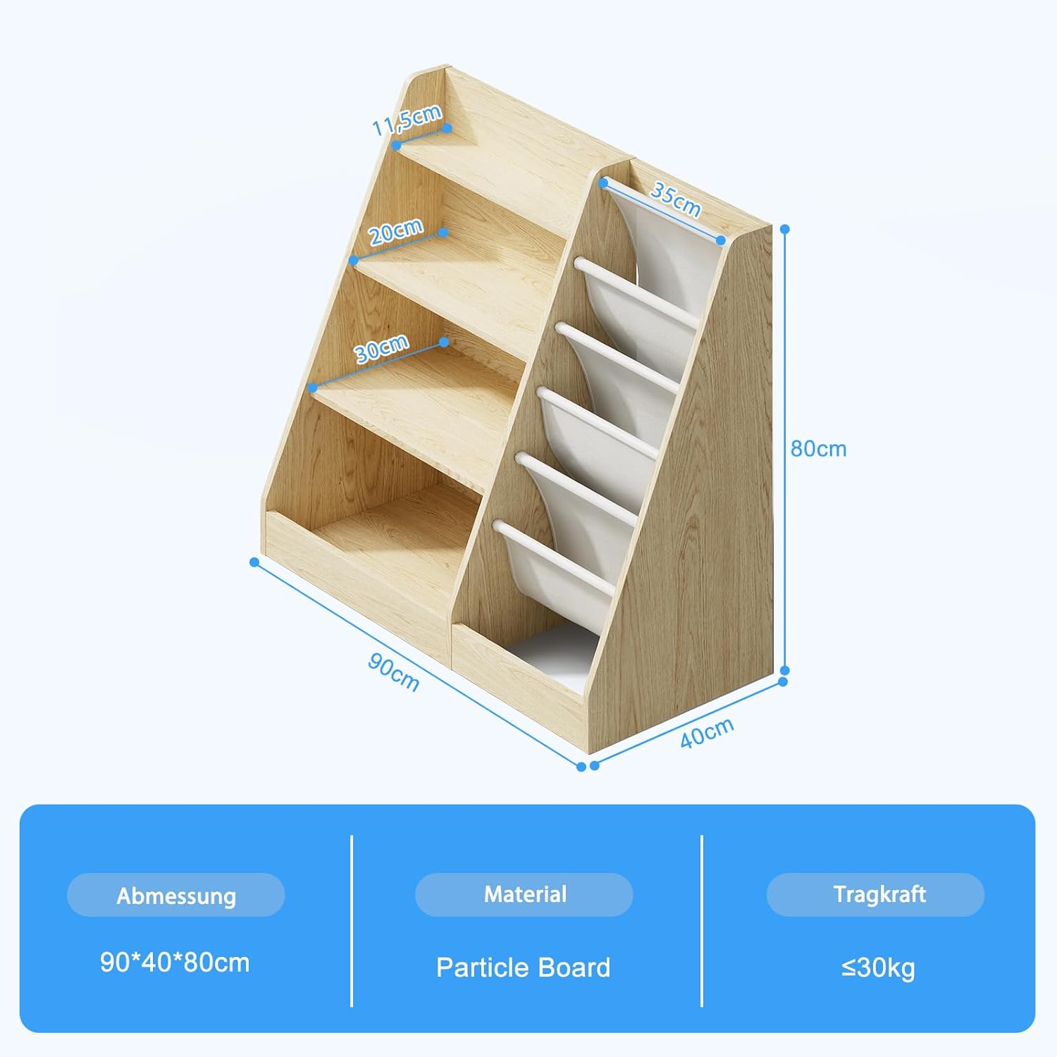 Kinderregal Bücherregal für Kinder 90x40x80cm, mit 5 Ablage und 4 offenen Fächern, Holz, Spielzeugregal, Spielzeug-Organizer für Kinderzimmer, Natur