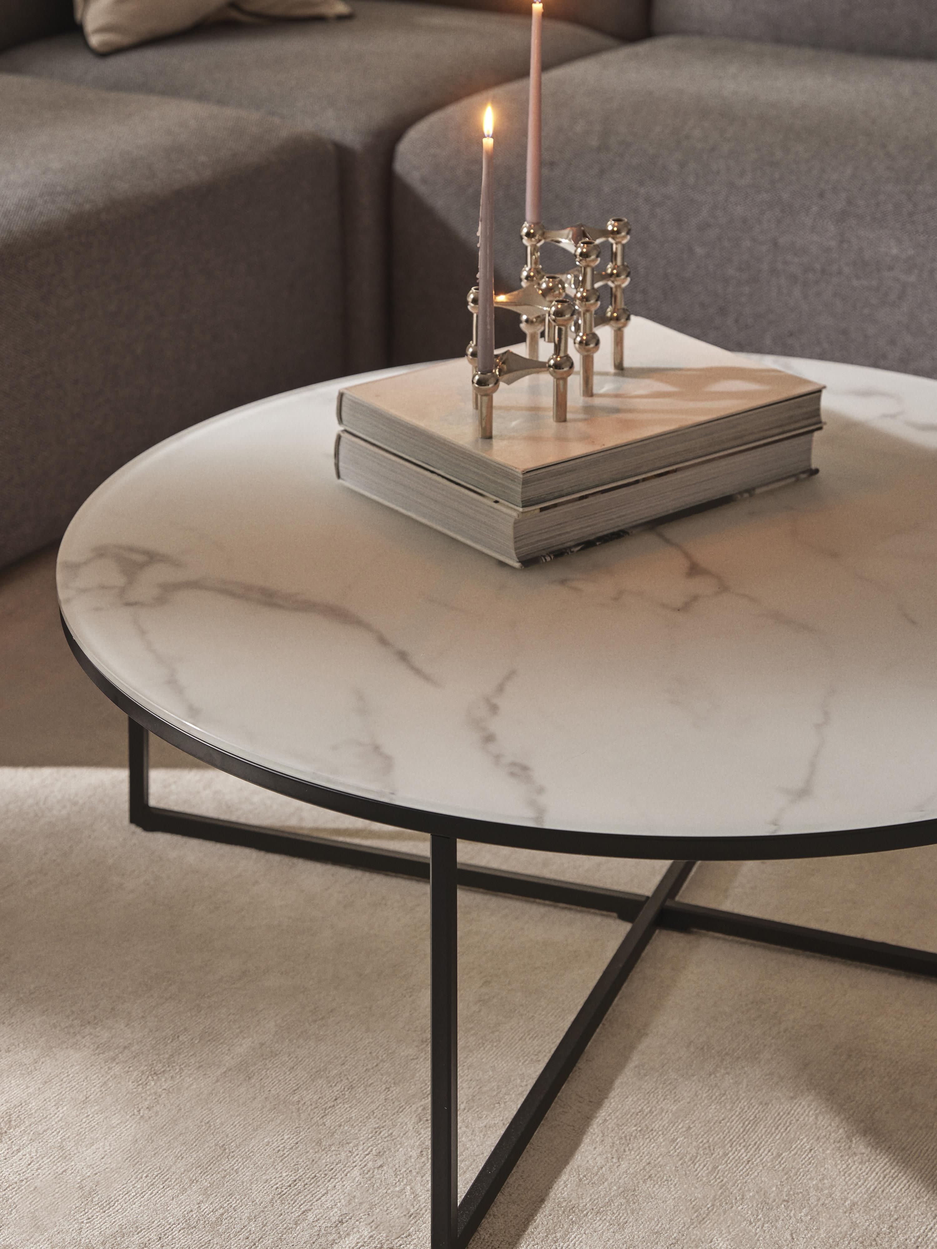 Ronde XL-salontafel Antigua met glazen tafelblad in marmerlook