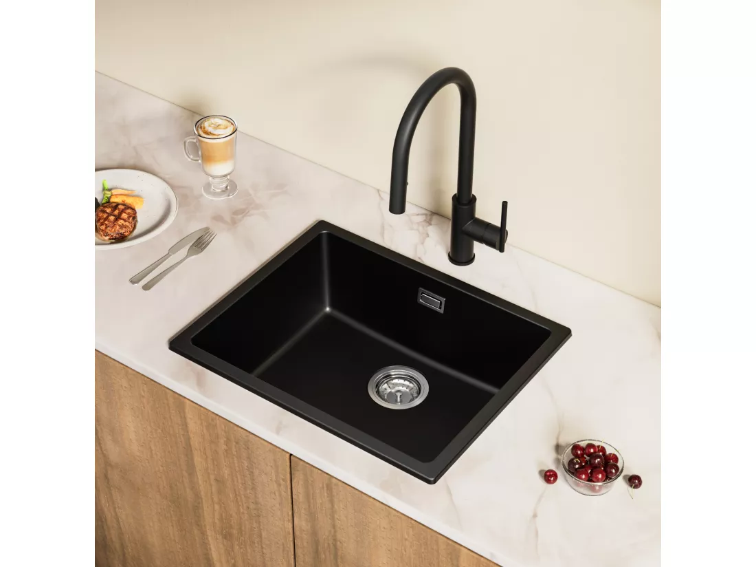 Evier 1 Bac en Quartz et Résine, 3 Options de Montage, 55*44*20cm + Robinet de Cuisine à eau Froide,Brossé