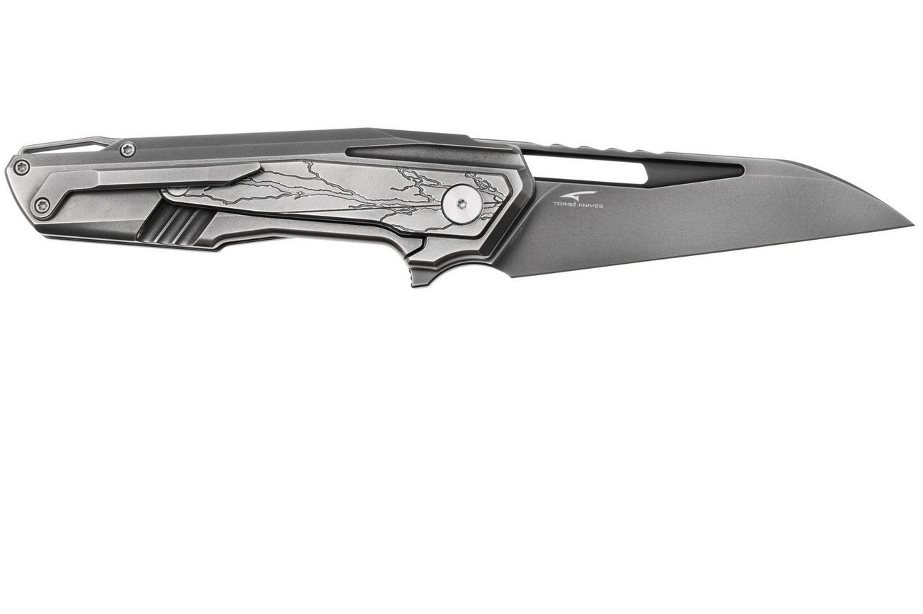 WE Knife Falcaria WE23012B-4 Polished Gray CPM 20CV, Polished Gray Titanium, Etching Pattern Titanium Inlay, zakmes