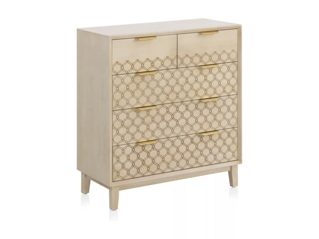 Commode 5 tiroirs en placage chêne et coloris beige