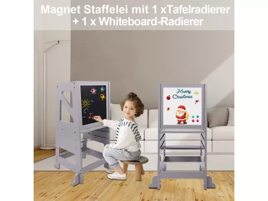 Tour d'apprentissage en Bois,Tour d'observation pour Enfants,Montessori Learning Tower,Réglable en hauteur Marchepied pour bébé avec Tableau Noir-Gris