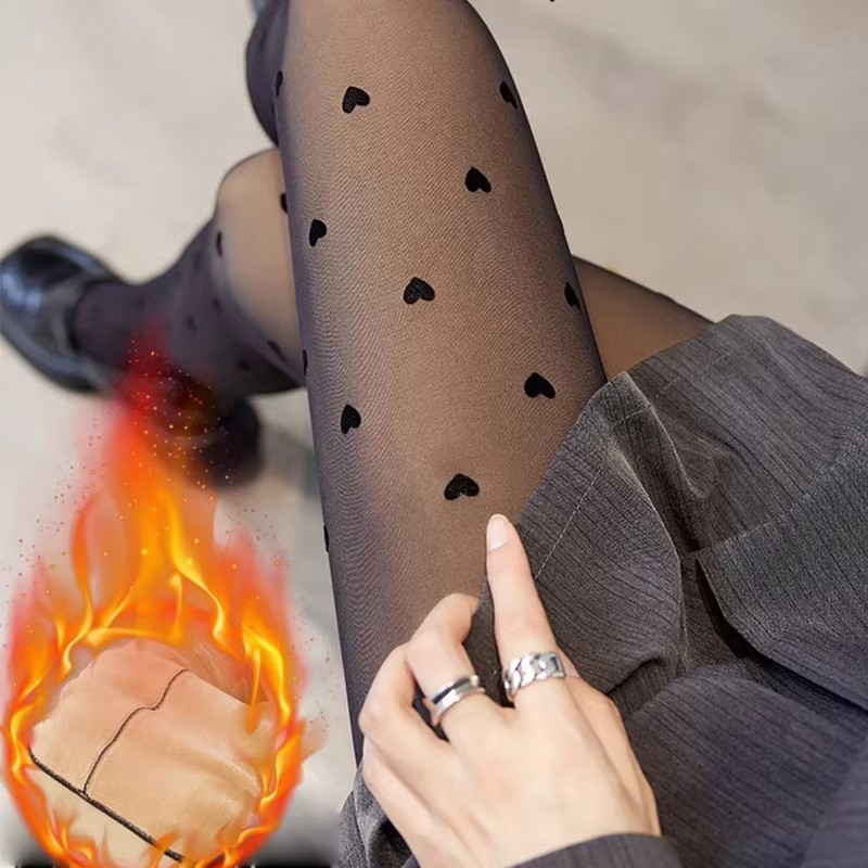 Elastische Winter Leggings Damen Strumpfhose gefütterte Fashion Stretch Plüsch Strumpfhose Herzen (One Size) - Schwarz
