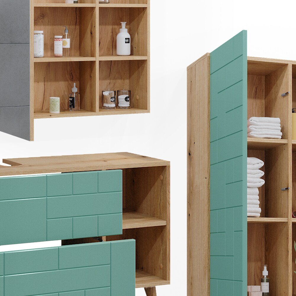 Vicco Badmöbel-Set Rudi in Eiche Evoke Mintgrün, Badezimmer, moderne Badserie Waschbeckenunterschrank Spiegelschrank Hochschrank Midischrank