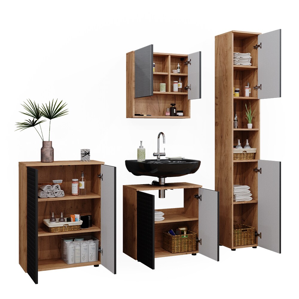 Vicco Badmöbel-Set Irma Eiche Anthrazit 4-teilig Hochschrank Kommode