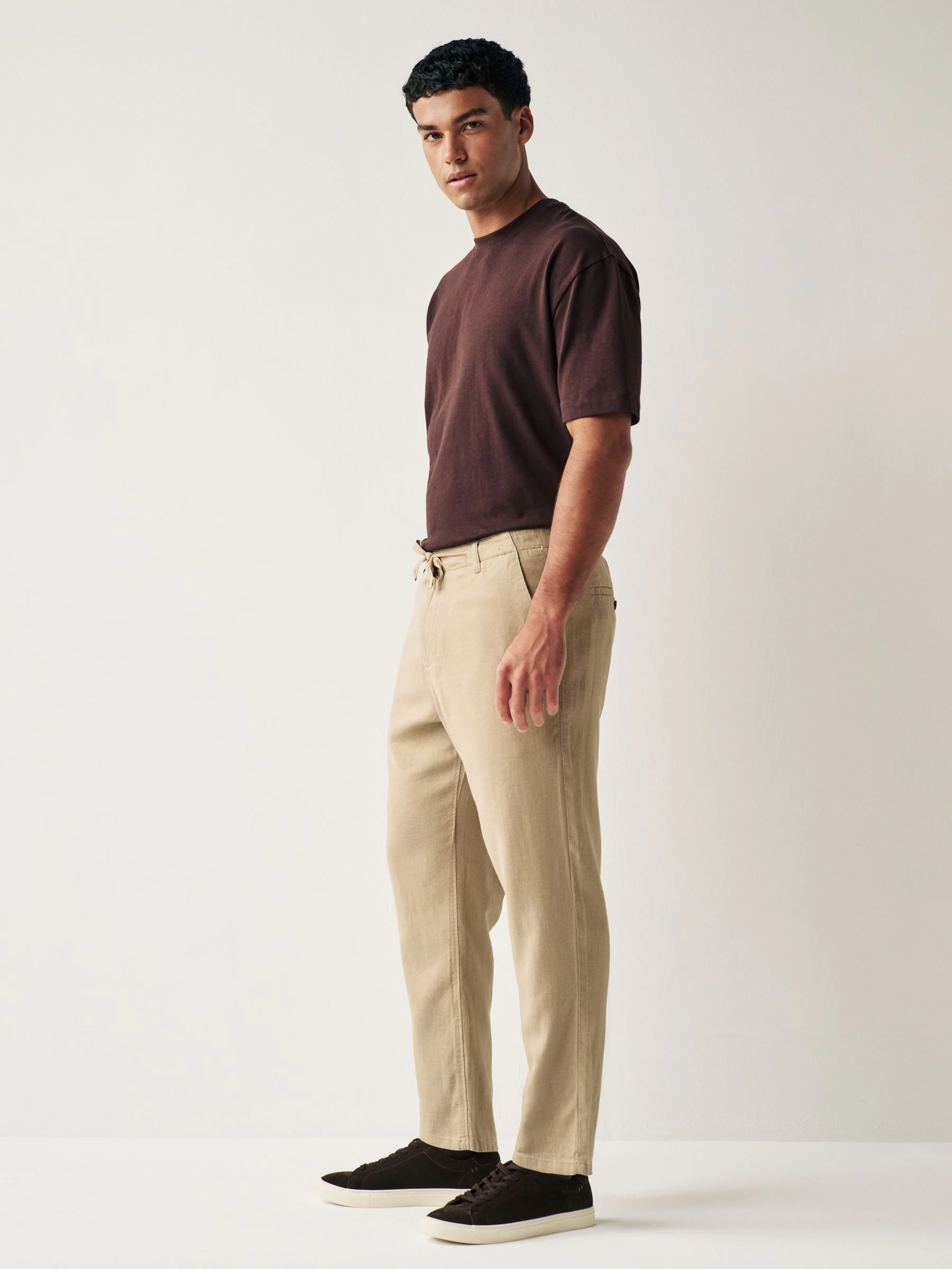 Pastel geel naturel - Broek van linnen-viscosemix met trekkoord