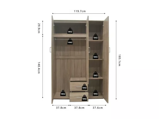 Armoire, garde-robe, avec miroir collection TOM, 3 portes 120 cm, penderie intégrée chêne sonoma