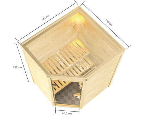 Karibu Antonia plug & play sauna inclusief 3,6kW kachel en geïntegreerde bedieningseenheid, zonder dakrand, met bronzen volledig glazen deur