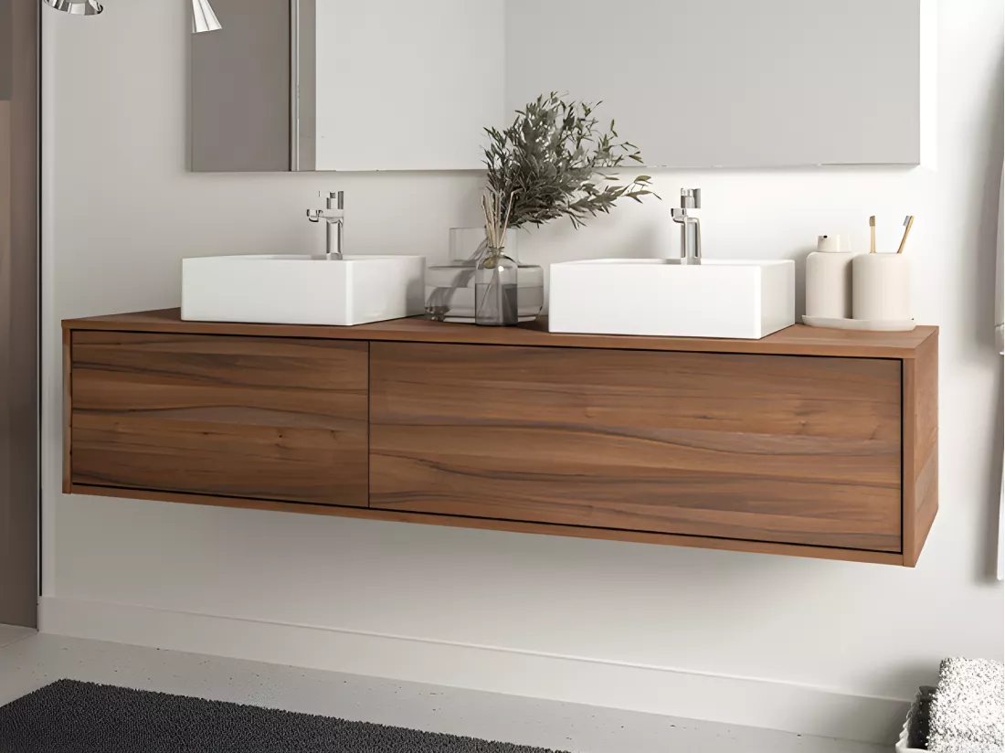 Meuble de salle de bain suspendu coloris naturel foncé avec double vasque - L150 cm - ISAURE II