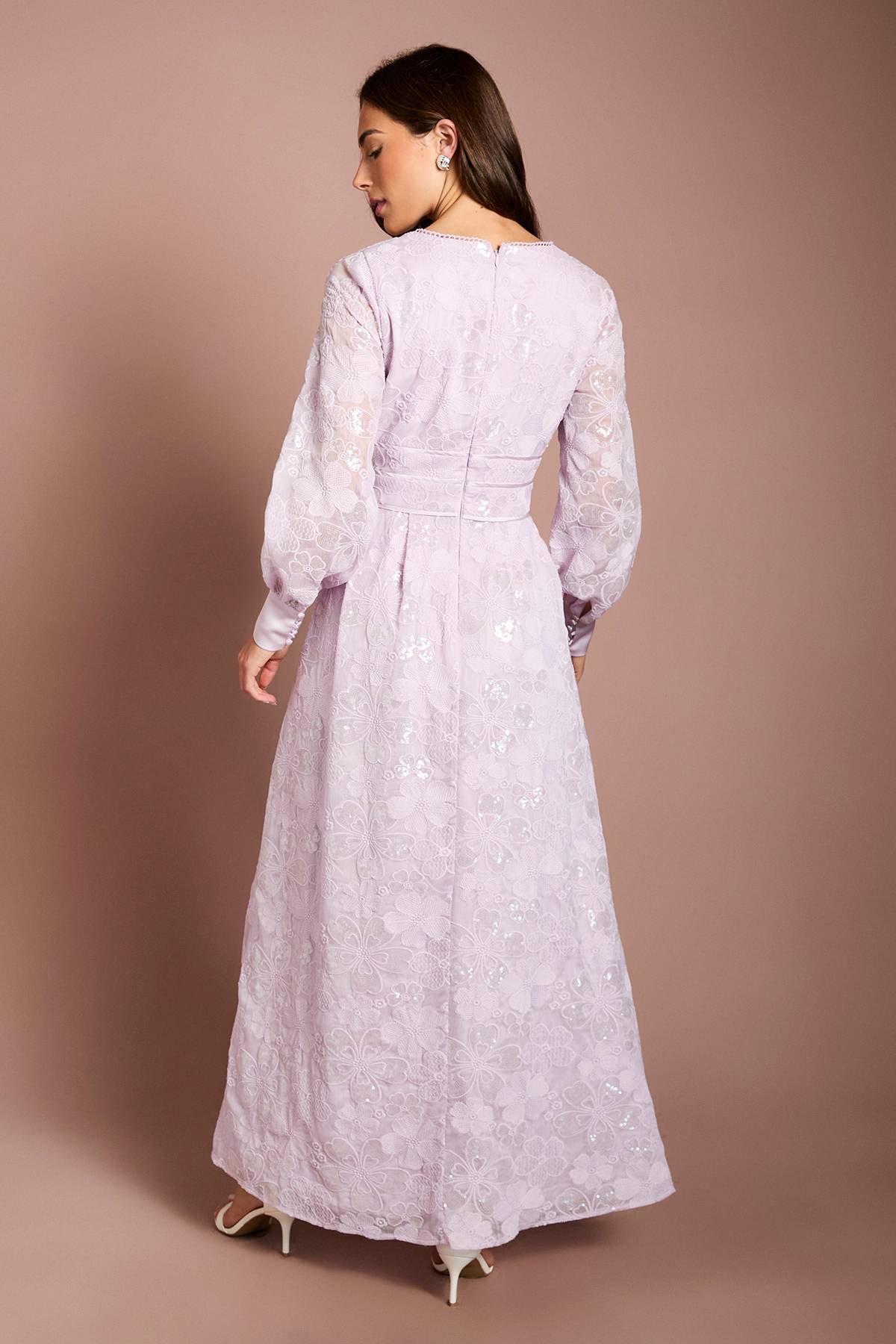 Coast Robe Midaxi en Maille à Fleurs Pailletées avec Manches Bouffantes et Col en V