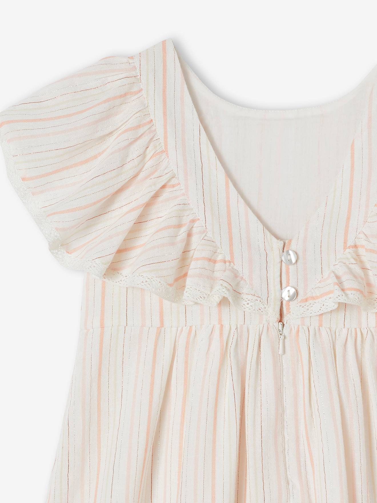 Vestido de festa listrado off-white com fios brilhantes para meninas