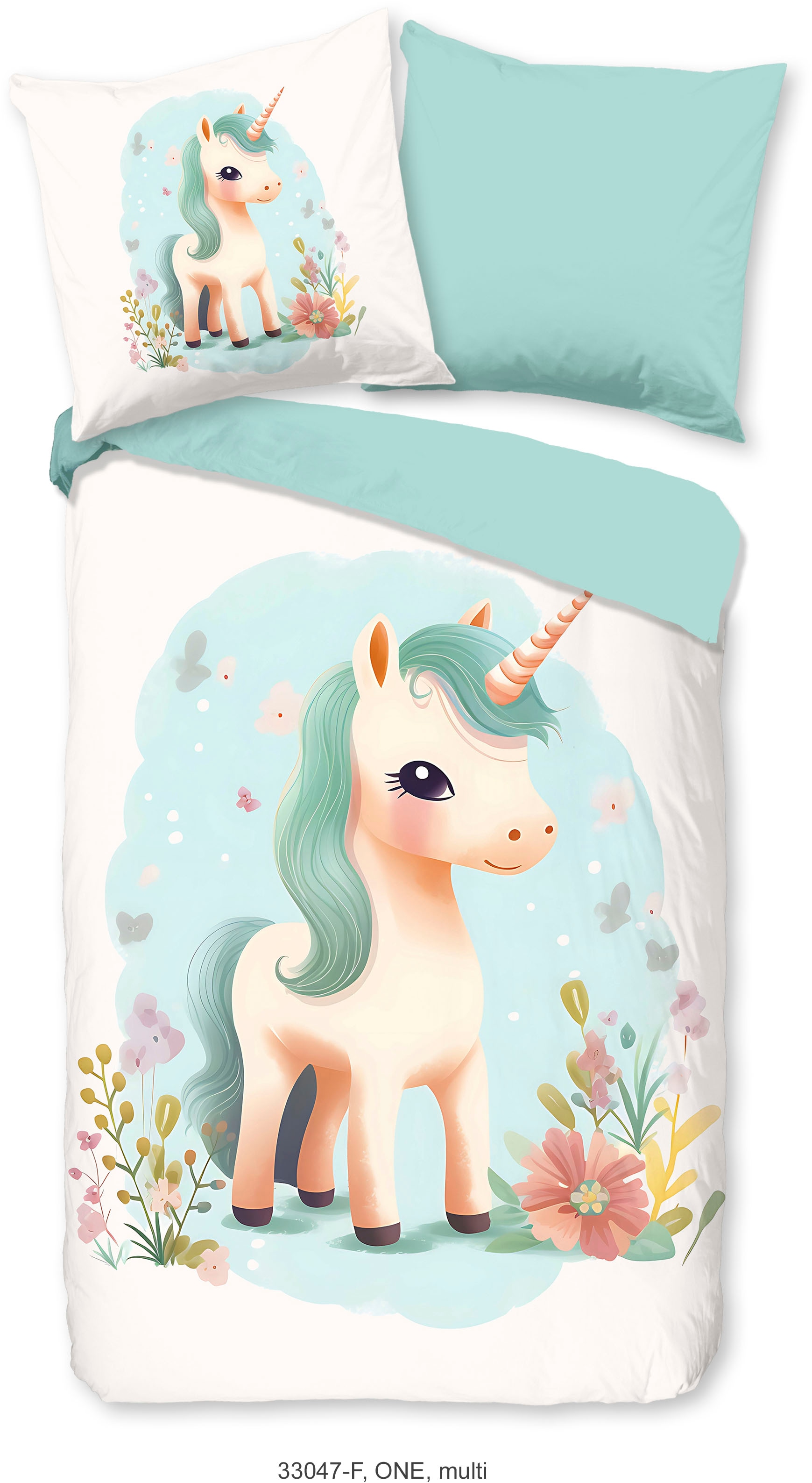 good morning Kinderbettwäsche »One« 2 Stk. tlg. Flanell, Biber, 135x200, Warm, Wende, Mädchen, Einhorn, Weiss, Türkis