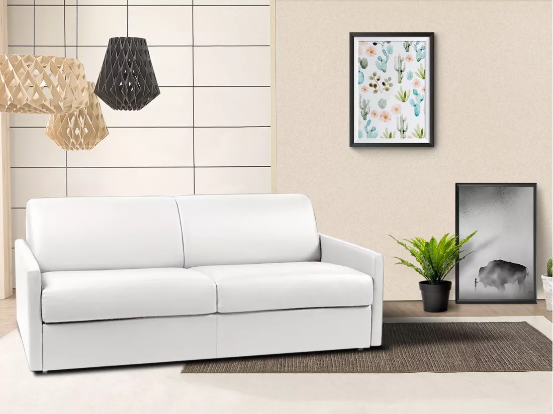 Canapé 4 places convertible express en simili blanc - Couchage 160 cm - Matelas 14 cm CALIFE