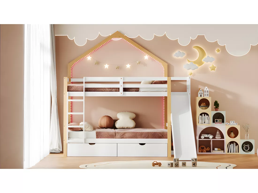 Lit superposé 2 x 90 x 200 cm avec 2 tiroirs, toboggan etétagères de rangement - pin + MDF - blanc+naturel (sans matelas)