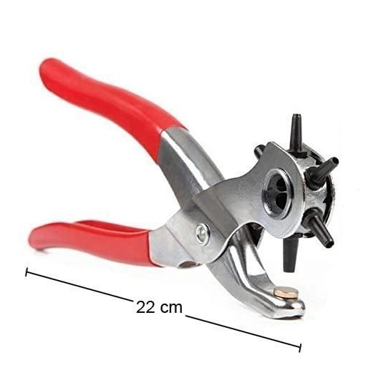 Stahl Revolver Lochzange Gürtellochzange mit Hebelübersetzung für Leder / Stoff / Pappe - Silber / Rot