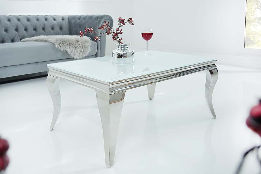 Eleganter Couchtisch MODERN BAROCK 100cm silber mit weißem Opalglas