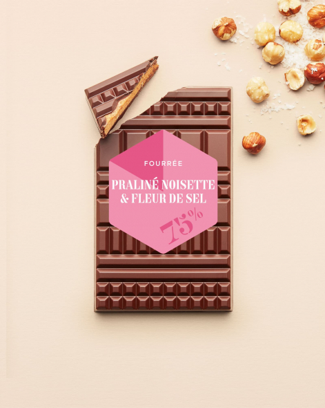 Tablette Fourrée Praliné noisettes & fleur de sel Chocolat Noir 75% | Le Chocolat Alain Ducasse 110g
