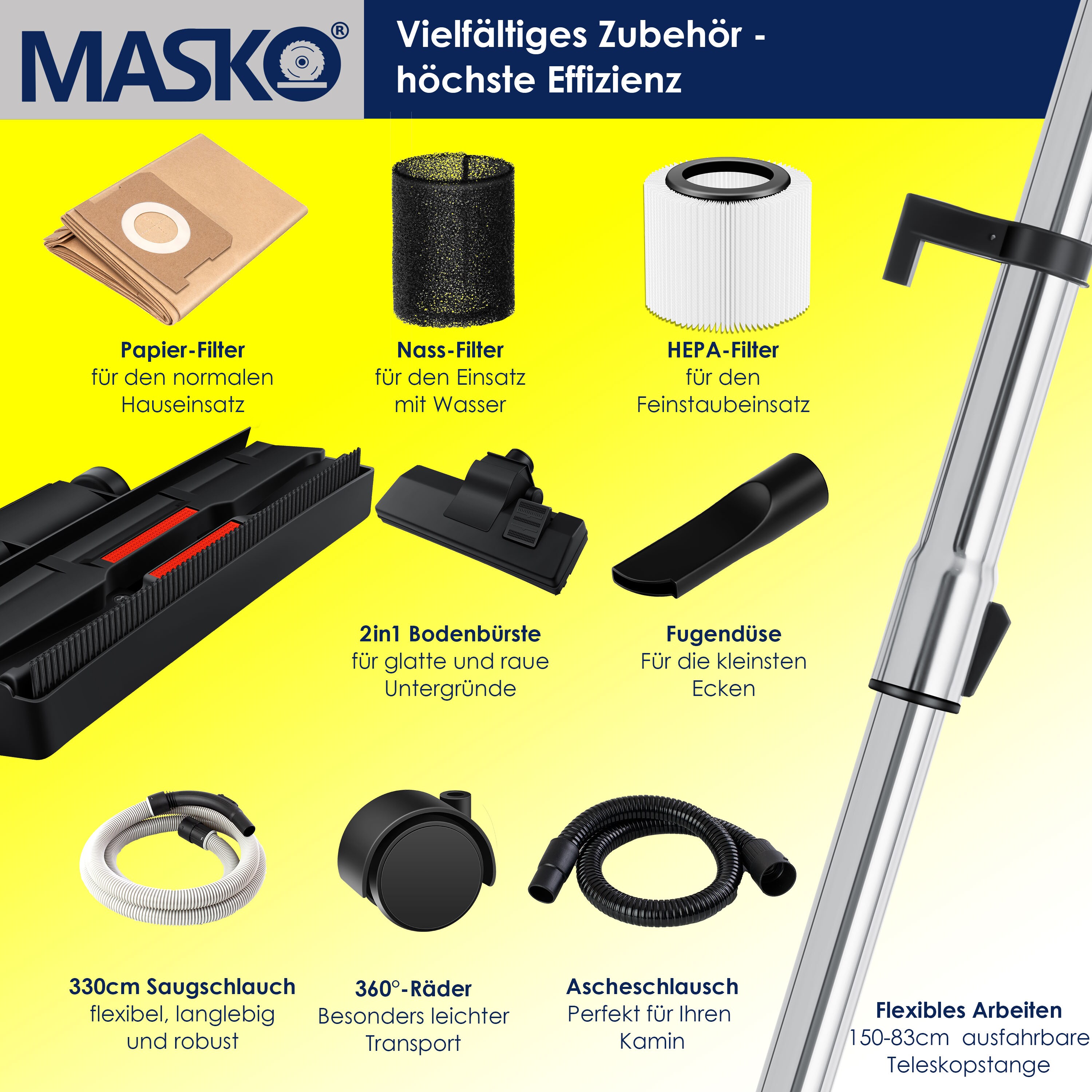 MASKO® 6IN1 Industriestaubsauger Staubsauger Nass Trocken Sauger Aschesauger 2300W + Steckdose ? Blasfunktion ? Trocken-Saugen & Nass-Saugen | Industrie-Sauger mit & ohne Beutel | beutellos