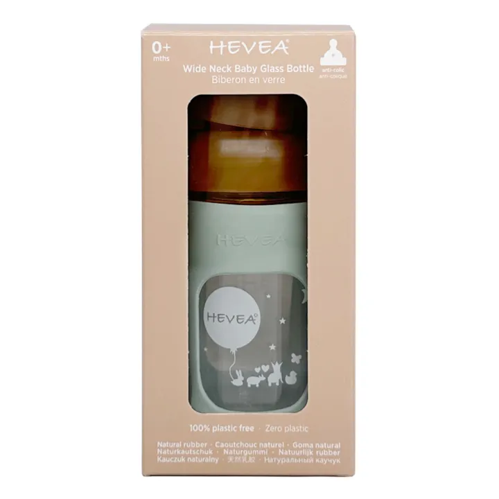 Hevea Biberon en verre à col large avec housse de protection Débit lent | Vert amande