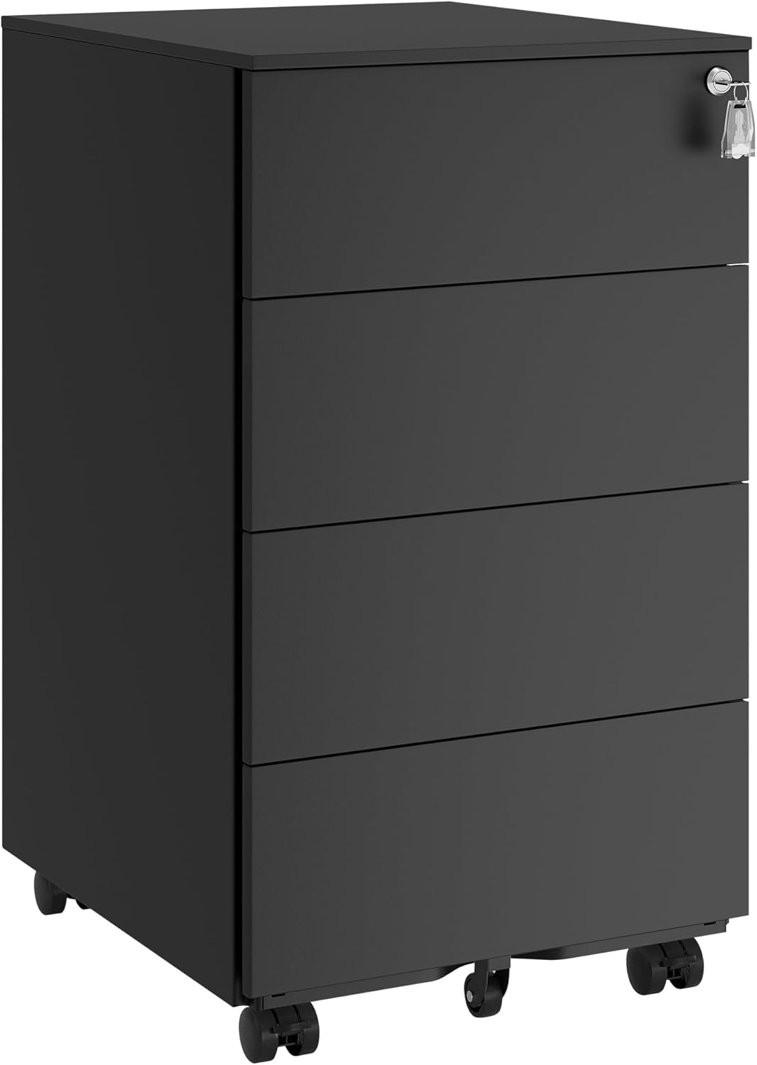 SONGMICS Schubladenschrank, Rollcontainer, mobiler Aktenschrank, Metallschrank, Druckertisch, abschließbar, 4 Schubladen, vormontiert, Büro, Homeoffice, 45 x 39 x 69 cm, tintenschwarz OFC064B16