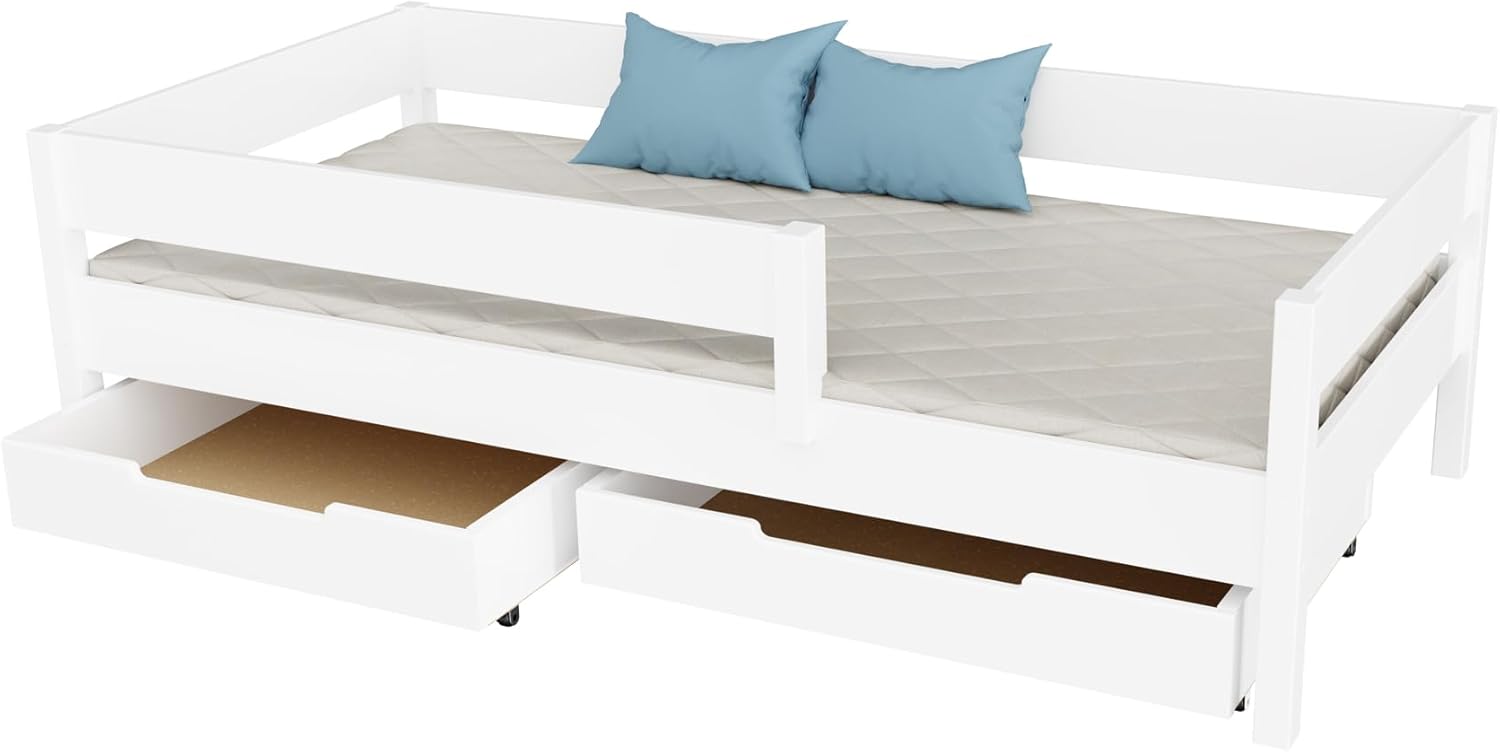 Kinderbett weiß 180x90 cm mit Schubladen I Babybett mit Schublade I ohne Matratze I Kinder Bett Holz mit Stauraum I Bett Kinder mit Schubladen I Kleinkindbett