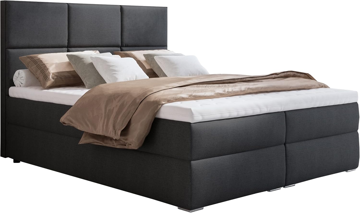 Boxspringbett 180x200 mit 2 Bettkasten - Doppelbett mit Federkernmatratze und Topper - Polsterbett mit Hebemechanismus für Schlafzimmer - Bett mit Kopfteil - Einfach zu Montieren (Dunkelgrau)