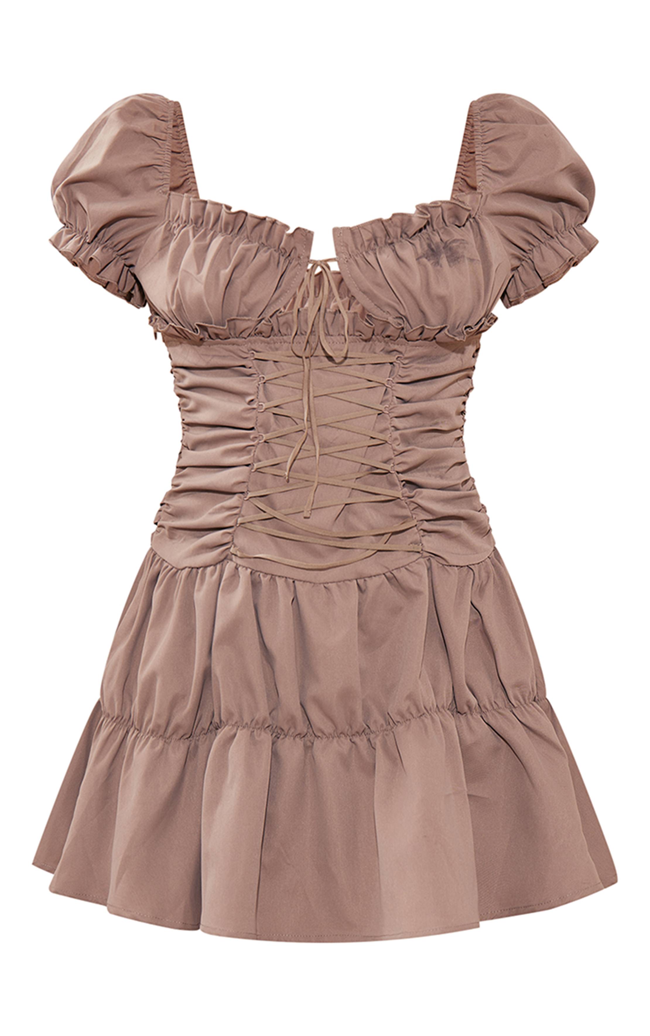 Taupe Robe Droite À Manches Bouffantes Avec Lacets Et Volants
