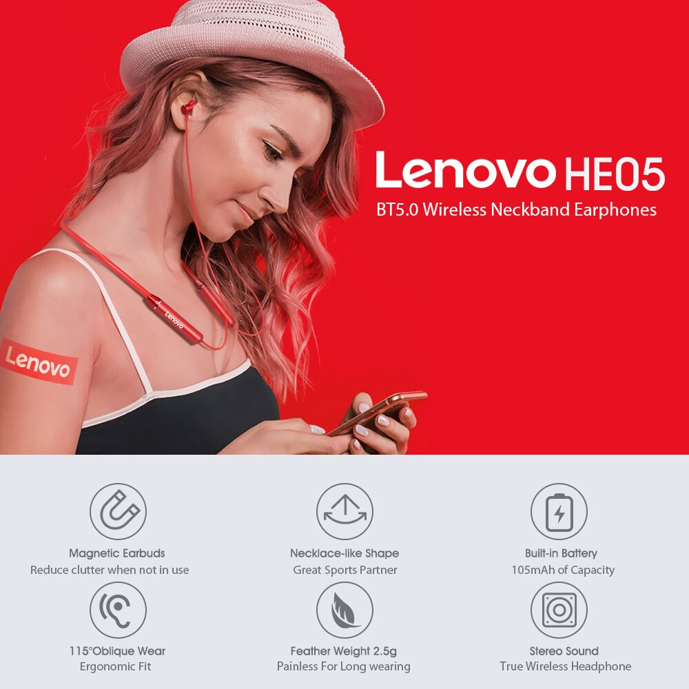 Lenovo HE05 Bluetooth-Kopfhörer Rot