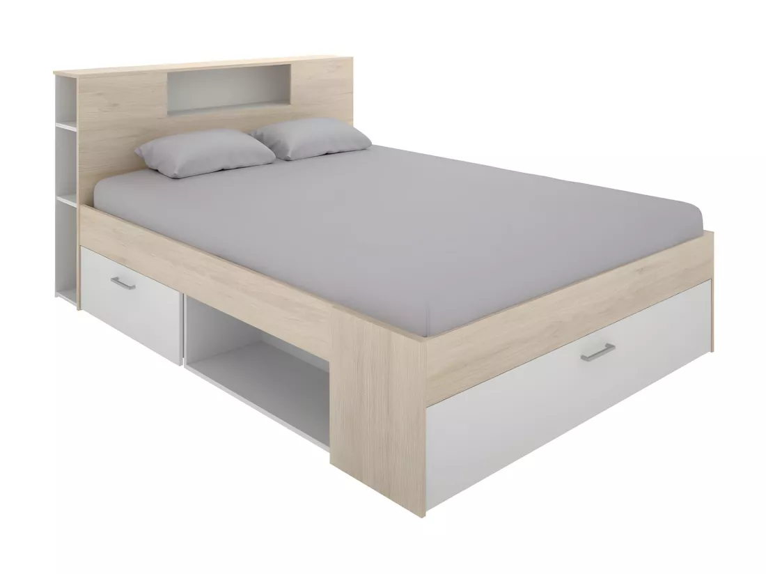Lit avec tête de lit rangements et tiroirs - 140 x 190 cm - Coloris : Naturel et blanc - LEANDRE