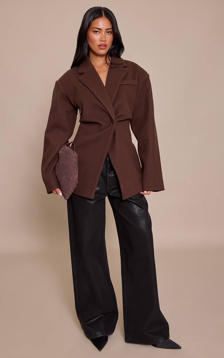 Chocolat Blazer Cintré Effet Laine