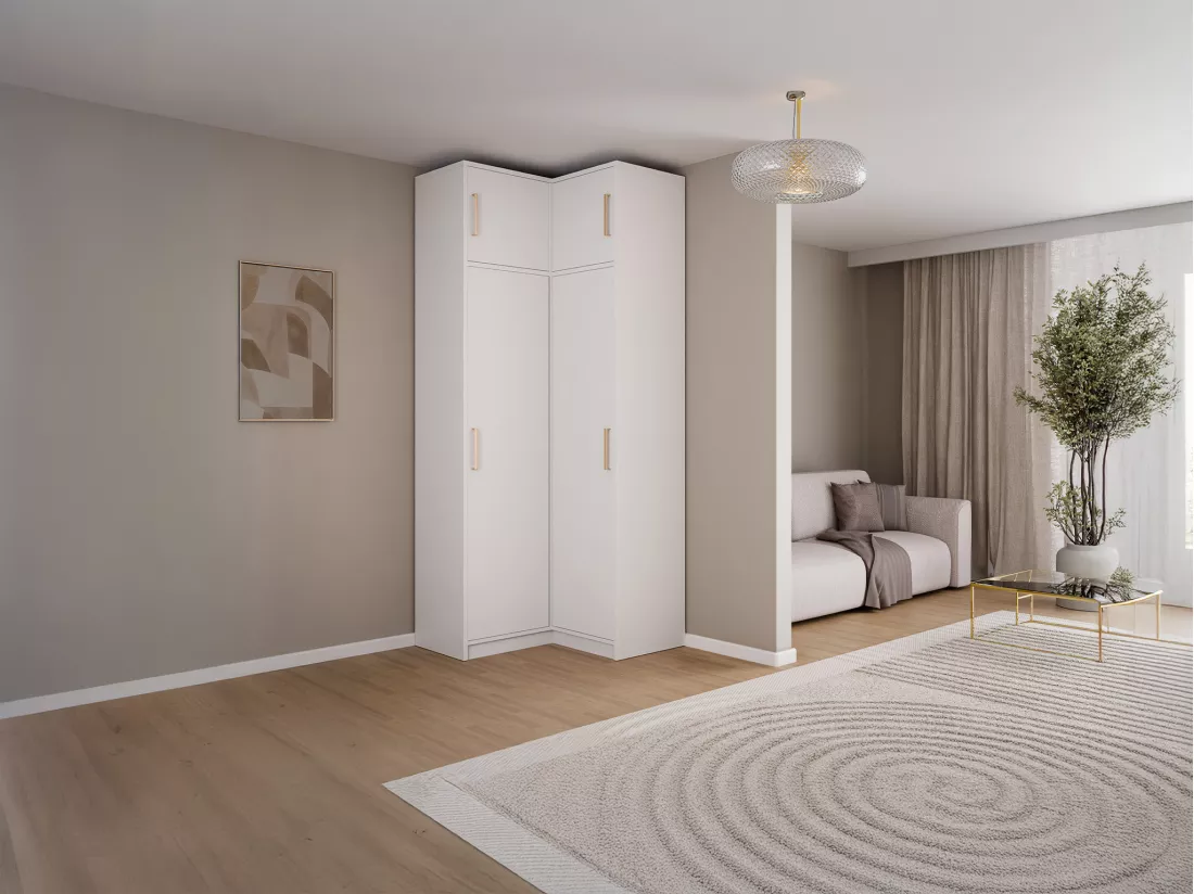 Armoire d'angle 2 portes - L115 cm - Blanc + Réhausse - LIZANDRO