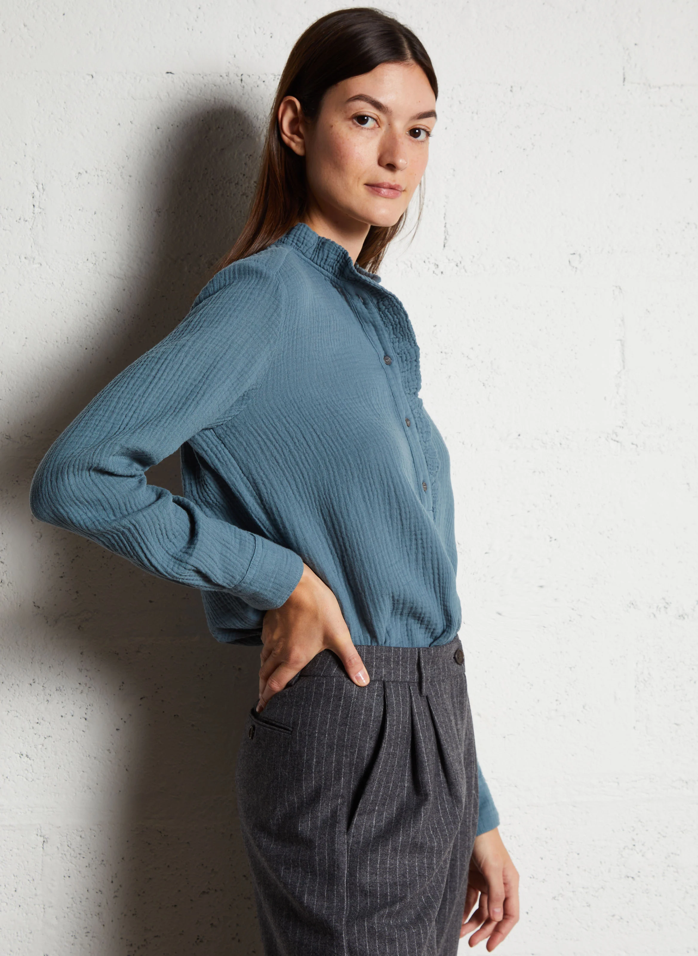 CARMEN - Top col victorien en coton | Bleu