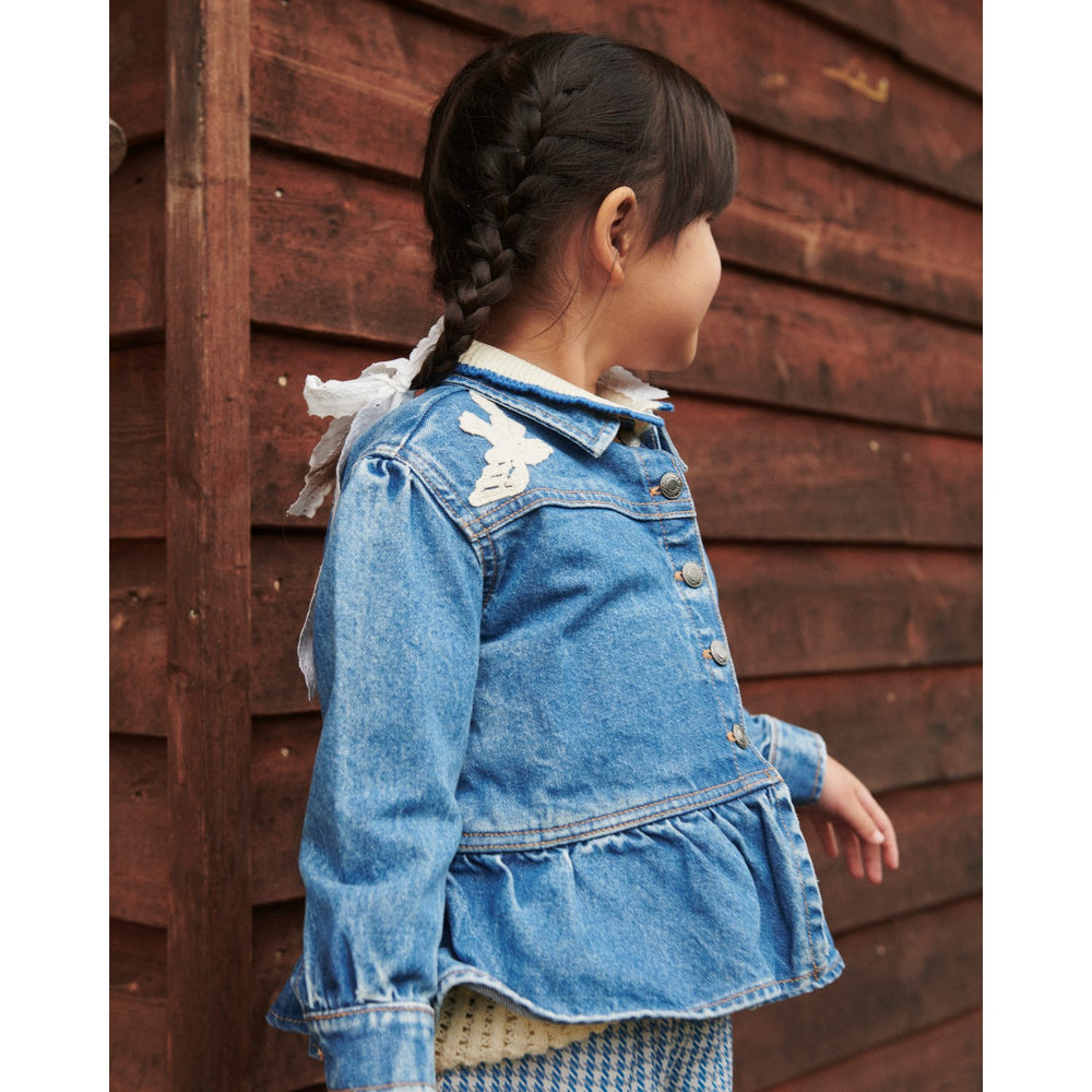 Køb COPENHAGEN COLORS Indigo Blue Washed Denim Flæse Jakke W. Crochet Doves