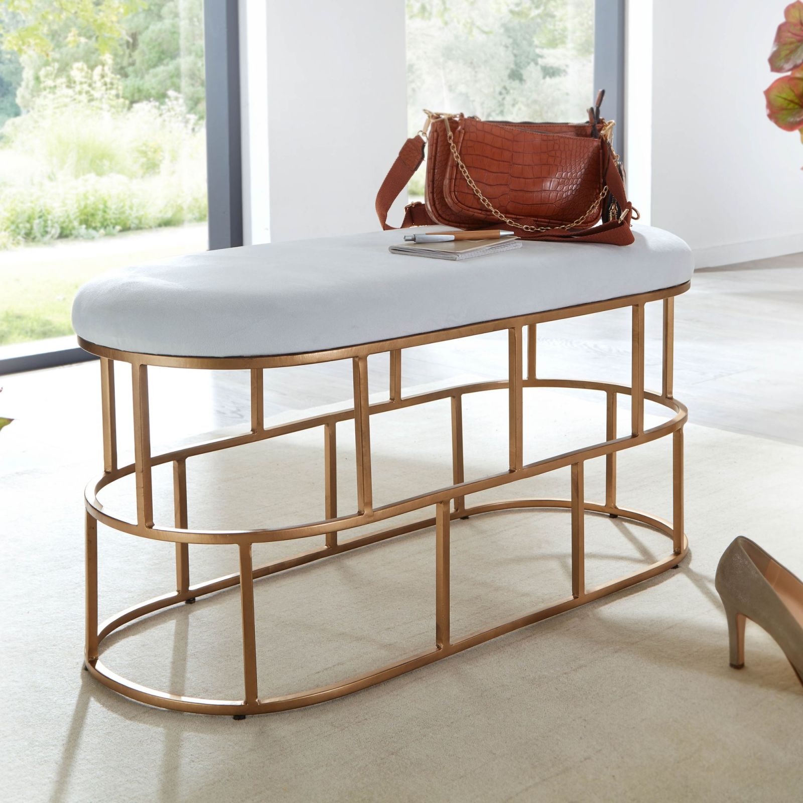 Sitzbank - weiß-gold - Samt - 90 cm