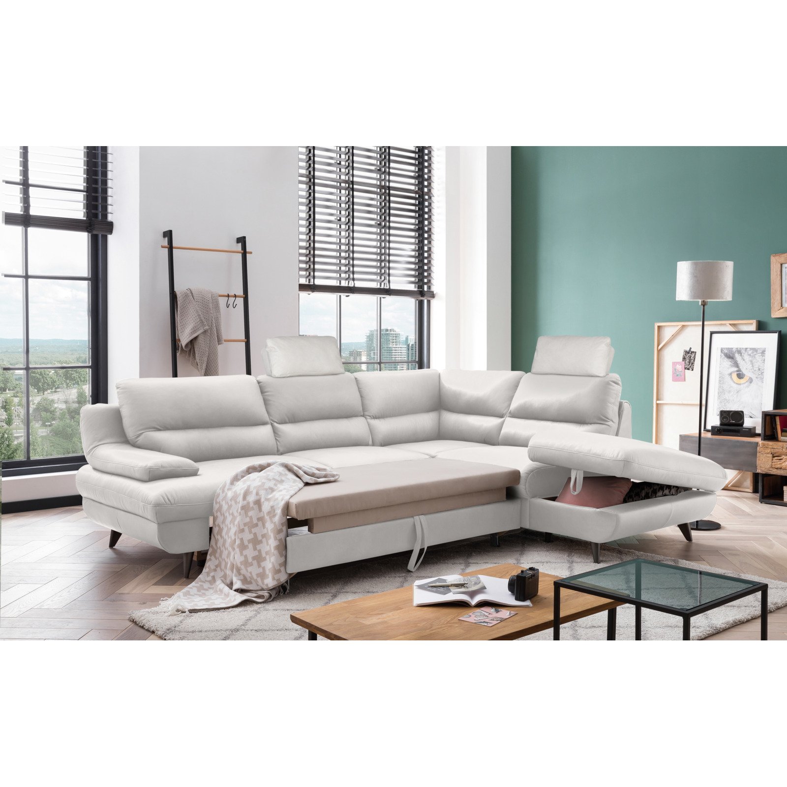 Ecksofa Pike Leder, Ottomane rechts bianco
