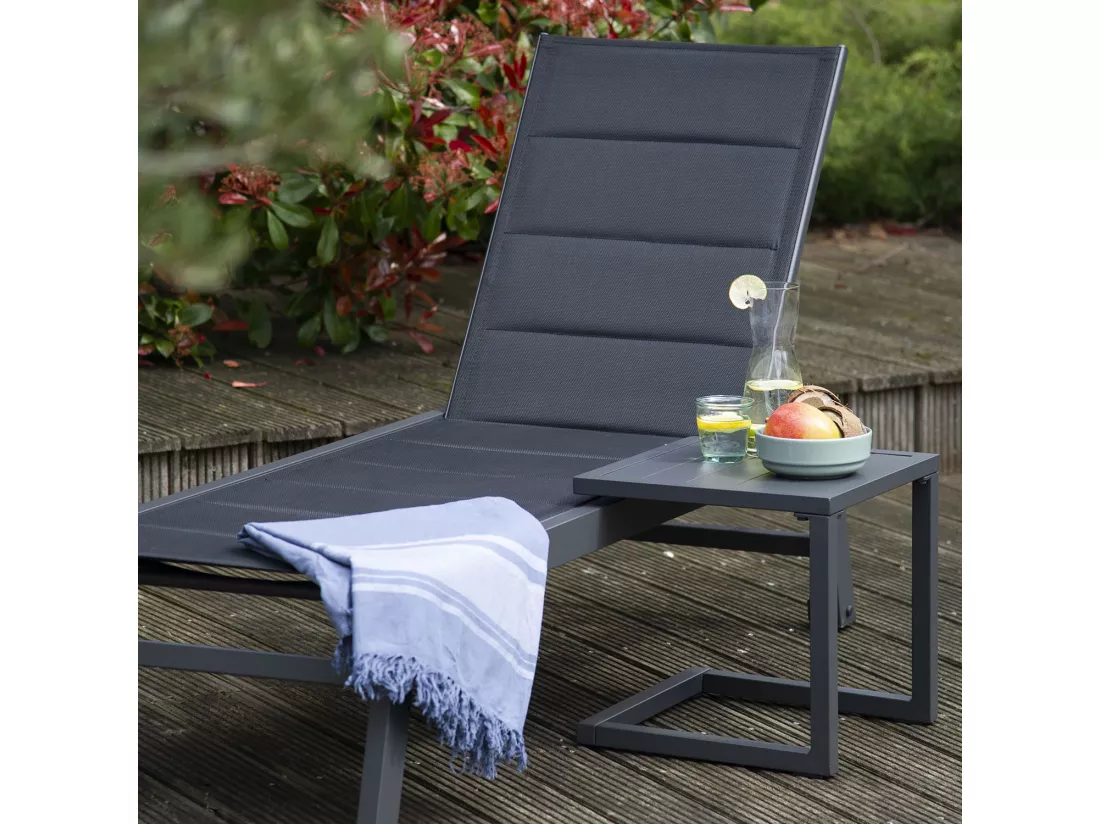 Set bain de soleil et table d'appoint BARBADOS en textilène noir - aluminium gris anthracite - HAPPY GARDEN