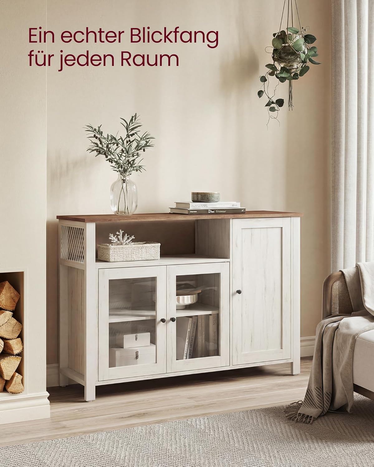 VASAGLE Sideboard, Küchenschrank, Aufbewahrungsschrank, mit 3 Türen, für Wohnzimmer, Küche, Esszimmer, 33 x 110 x 75 cm, Landhausstil, honigbraun-vintageweiß LSC096WJ02