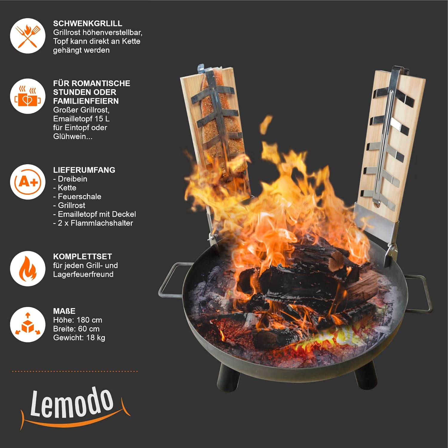 NATIV Schwenkgrill mit Gulaschkessel | Dreibein Grill mit Feuerschale und 2 Flammlachsbretter | Hängegrill mit Gulaschtopf aus Emaille | Grillgestell inkl. Grillrost
