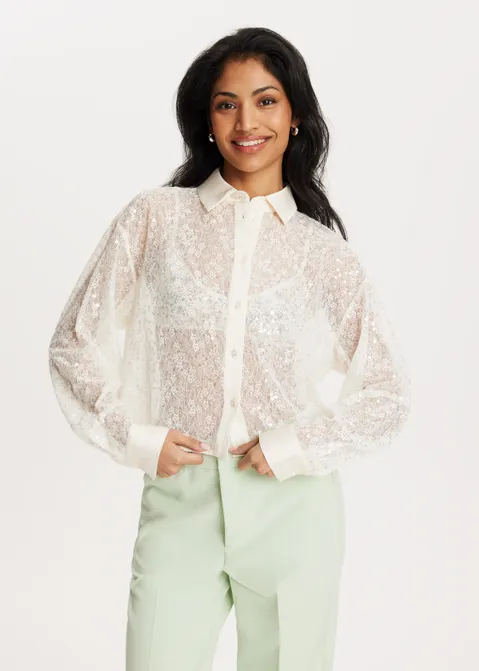Kanten blouse met pailletten off-white (ECRU)