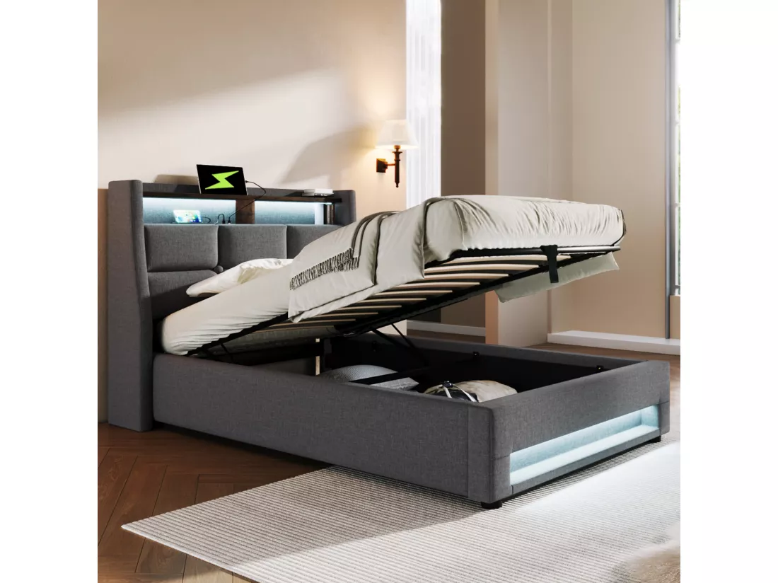 Lit coffre en lin 90x200cm avec LED et ports USB - sommier à lattes - gris