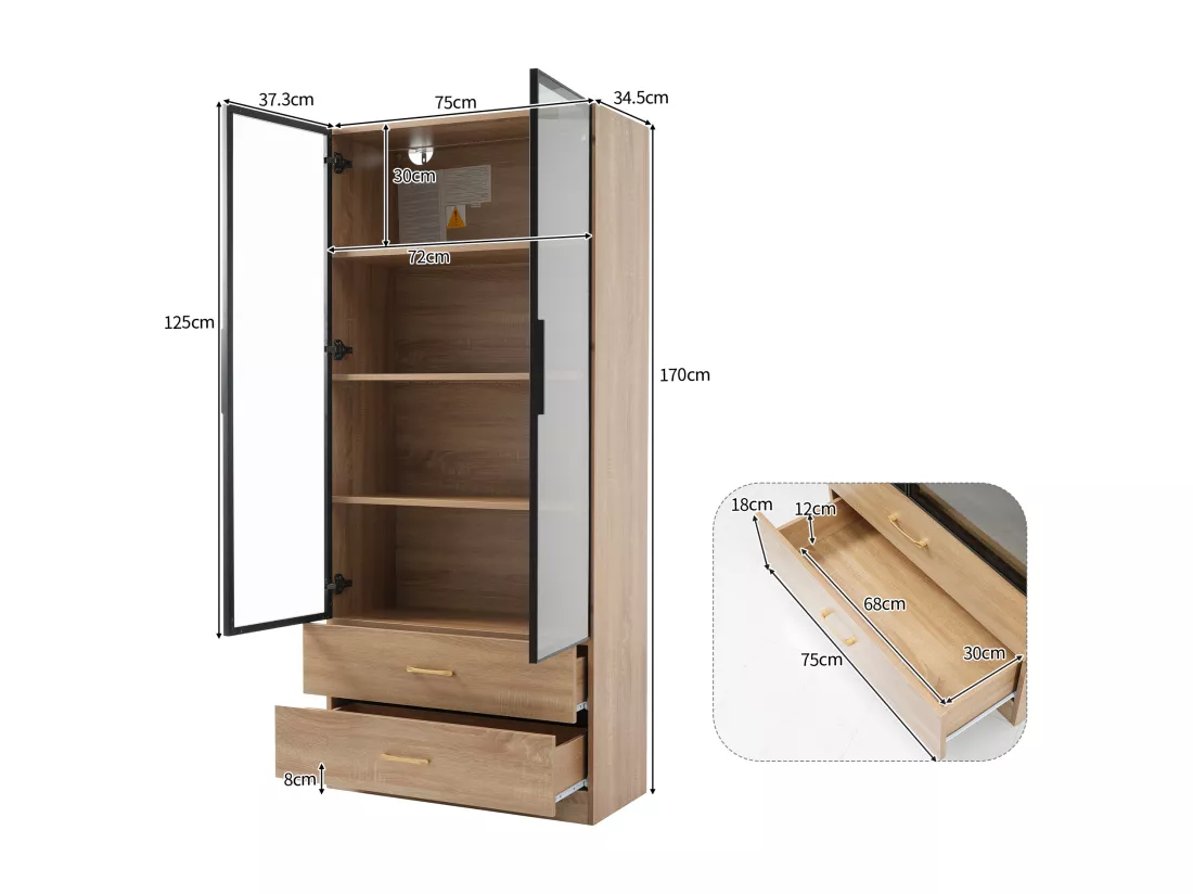 Vitrine、Meuble de salle de bain avec LED - 2 tiroirs et 2 portes vitrées - Naturel