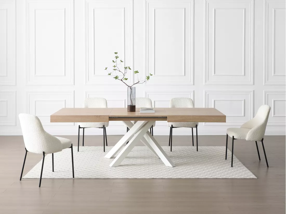 Table à manger extensible 6 à 10 personnes en MDF et métal - Naturel et blanc - CATONAV