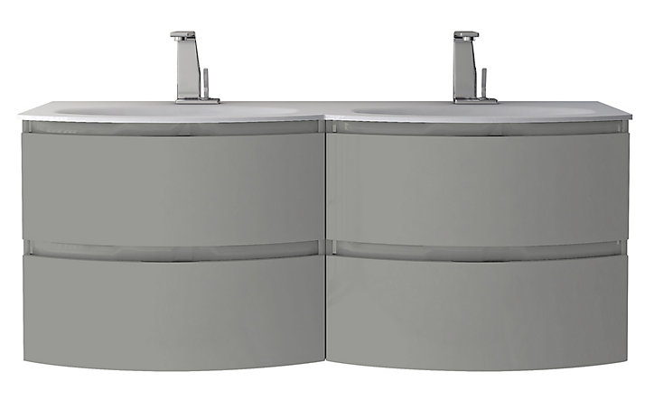 Meuble sous-vasque gris clair Vague 138 cm + plan double vasque en verre